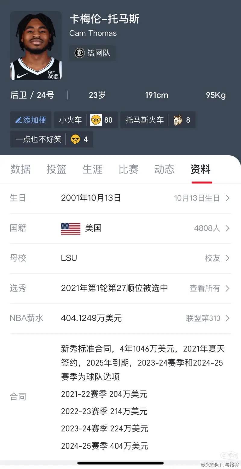 包含上赛季场均24分！篮网向托马斯提供2年2820万续约合同的词条